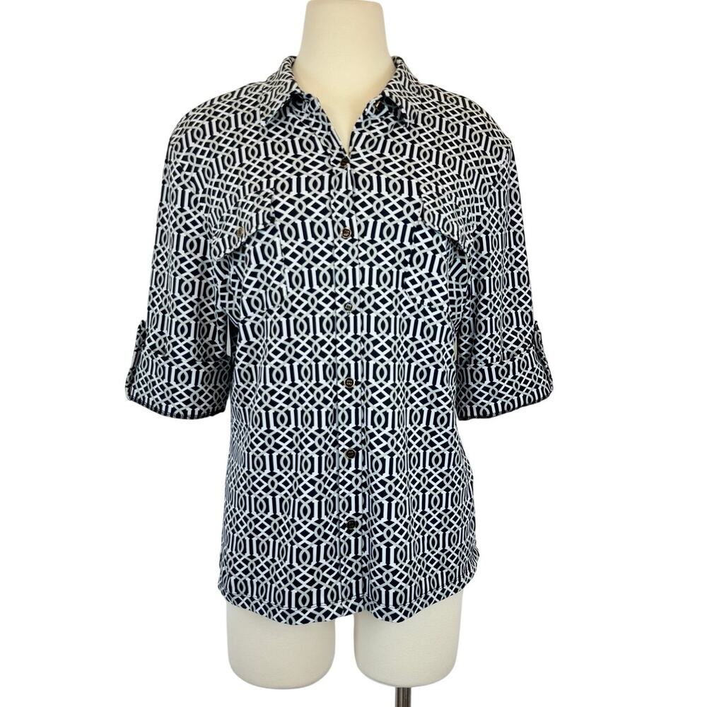 J. McLaughlin Catalina Cloth Button Up Shirt Blouse 3/4 Roll-Tab Sleeves XL